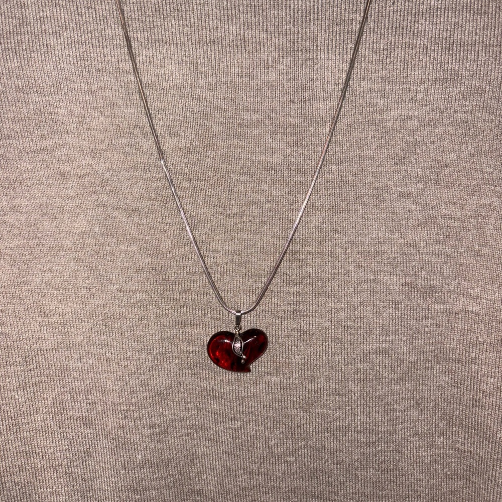 Amber Heart Pendant Necklace with Sterling Silver Chain - Picture 5 of 6
